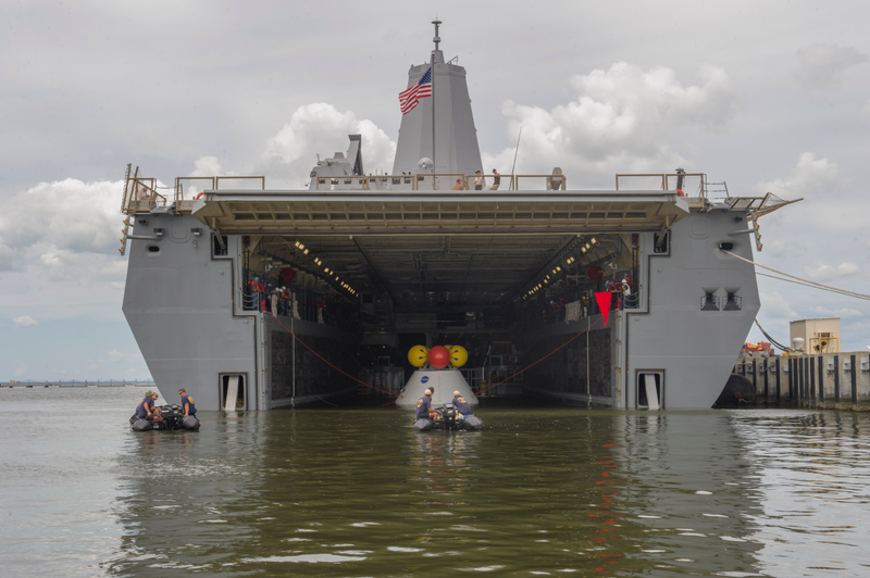 NASA’s Orion capsule in the well deck of the USS Anchorage